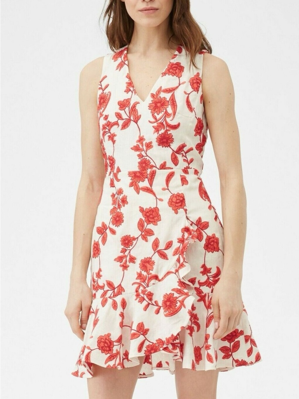 Rebecca Taylor Scarlet Floral Embroidered Ruffled Linen Dress Size 14 Summer